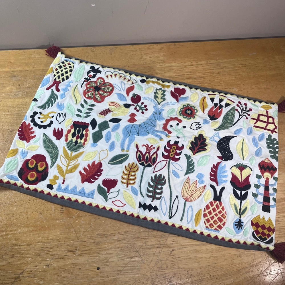 IKEA Rodarv Embroidered Lumbar Pillow Cover White Grey Multi Gazelle Floral